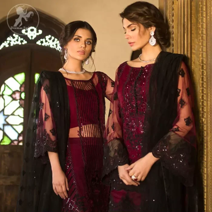 Boost your confidence and style in this glamorous attire accentuated with finest thread work embroidery and cut work borders. Pair it up with embroidered straight pants. It comes with black embroidered dupatta that gives the right amount of glamour to the outfit.