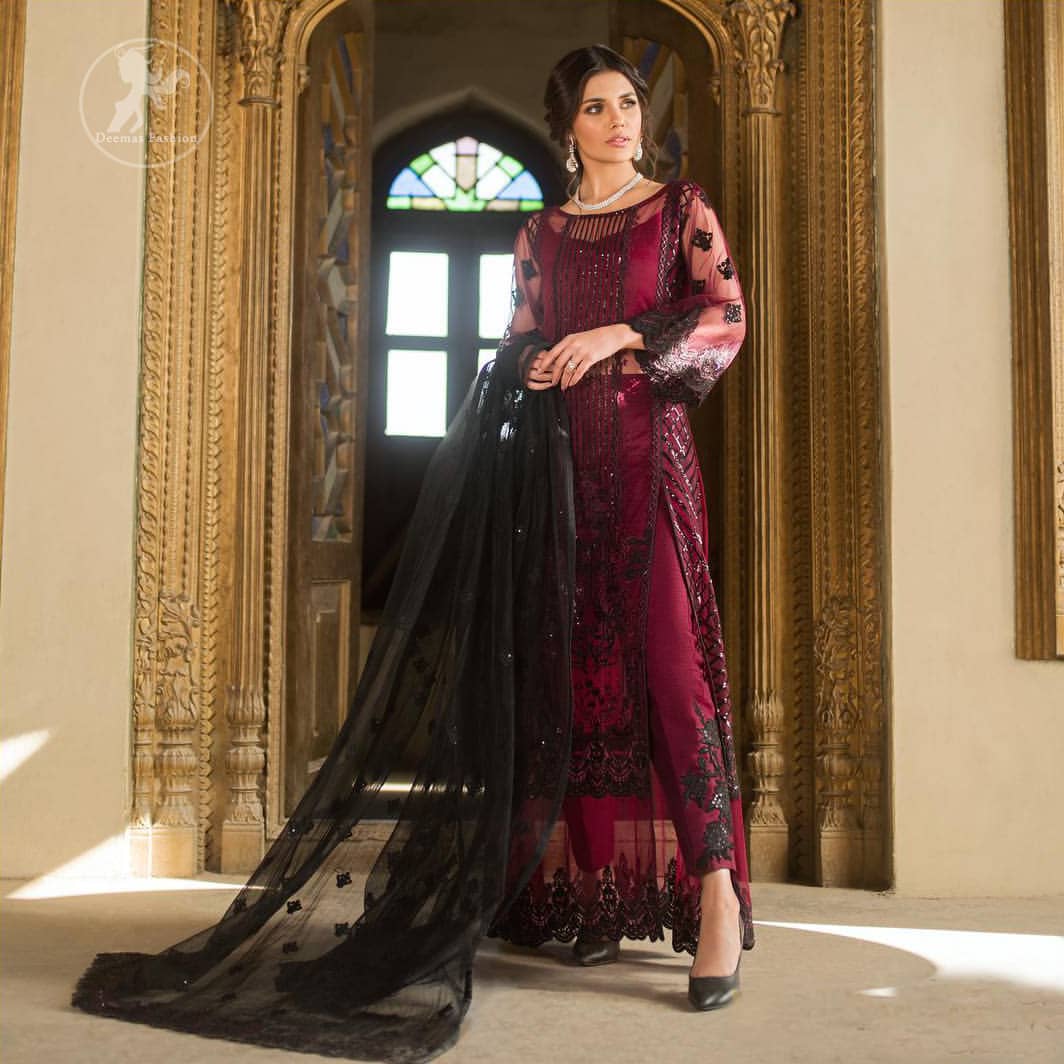 Boost your confidence and style in this glamorous attire accentuated with finest thread work embroidery and cut work borders. Pair it up with embroidered straight pants. It comes with black embroidered dupatta that gives the right amount of glamour to the outfit.