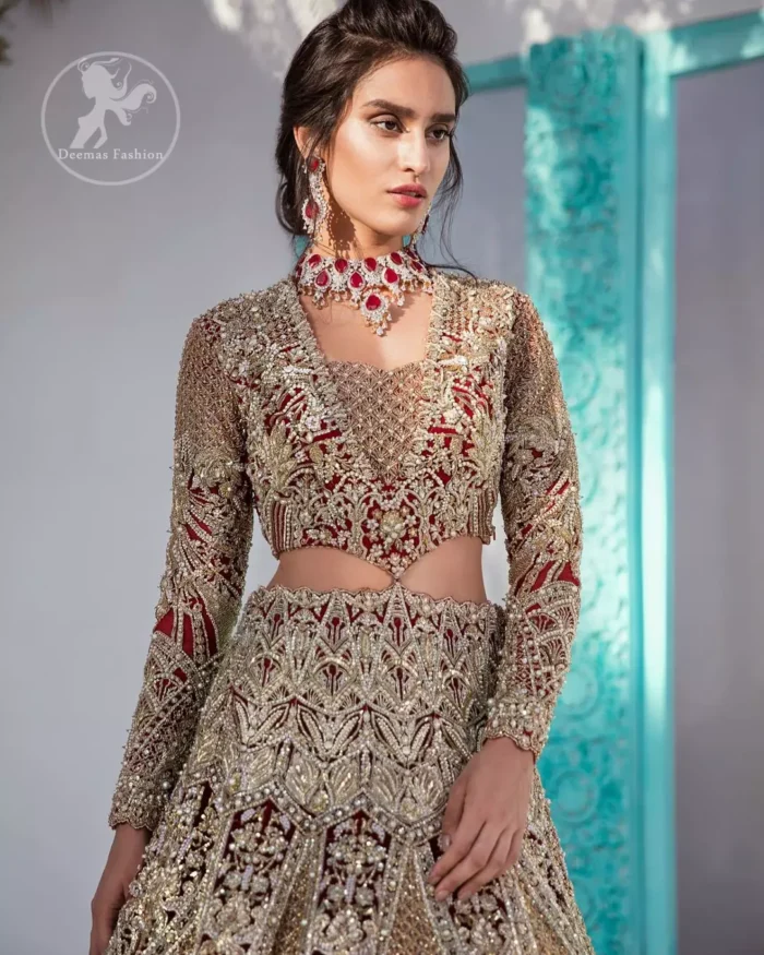 Heavy embellished bridal dress, with V Shaped blouse and skirt encrusted with swarovski stones, pearls, tilla and kora dabka along with a heavy embellished skin shawl. Beautifully paired up with deep red dupatta with sprinkled sequins and heavily embroidered borders. Best combo for a bridal.