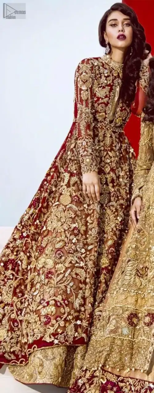 Maroon Floor Length Maxi - Golden Lehngha