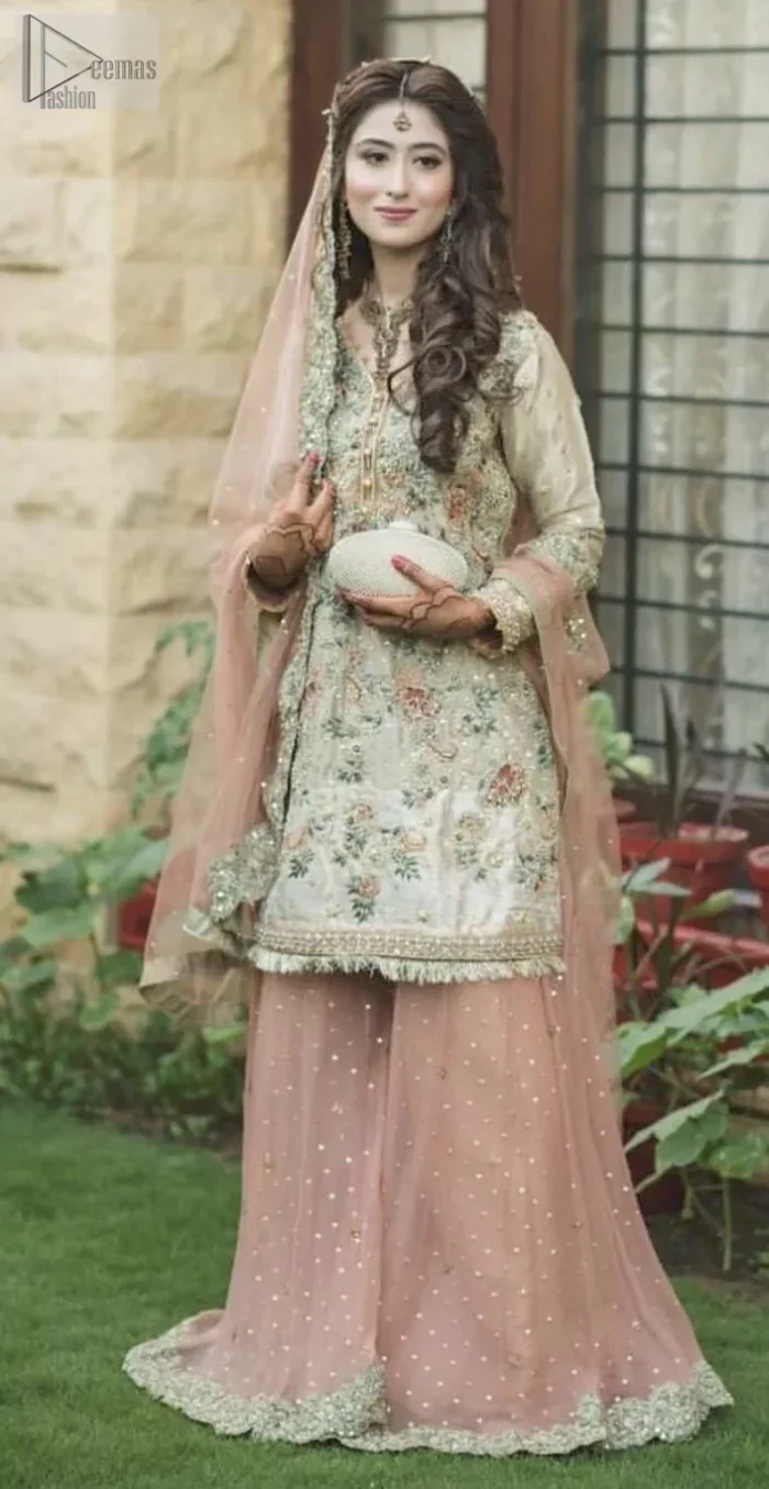 Ivory Tissue Shirt Antique Brass Sharara Dupatta
