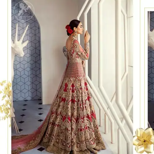 This bridal dress is perfect for your special day. Beautifully decorated with floral embroidery and embellished scalloped border. It is
