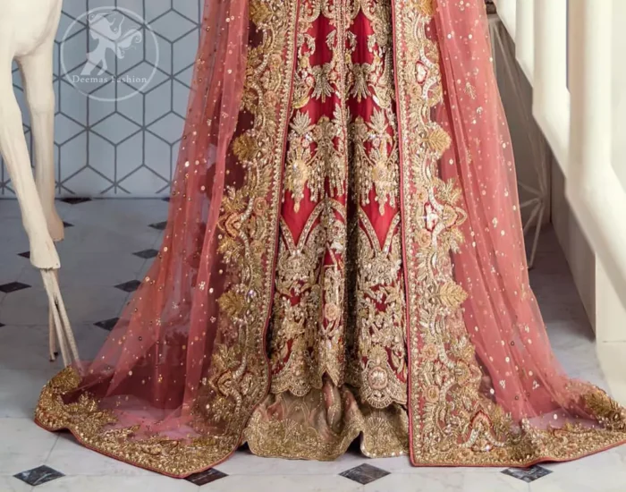 This bridal dress is perfect for your special day. Beautifully decorated with floral embroidery and embellished scalloped border. It is adorned with kora, dabka, tilla, sequins and pearls. It comes with an exquisite lehengha with thick embroidered border to give it a regal look. Dupatta comprises of floral thread embroidery allured with thick embellished border.