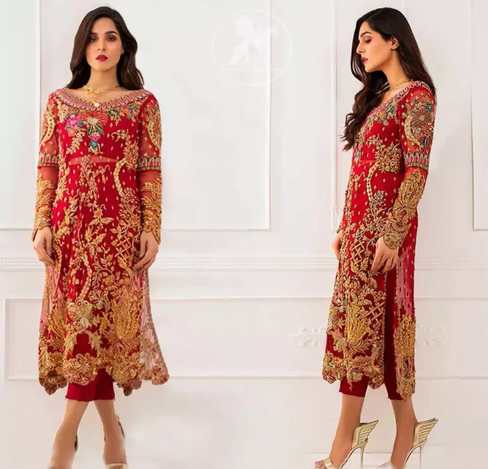 This dress is beautifully sculptured with floral embroidey, adorned with cutwork borders, colorful embellishments and zerdozi work. The detailed scalloped border gives a perect ending to this shirt. Having full length sleeves and small sprinkled motifs on ground. Paired up with red capri pants and comprises with red dupatta.