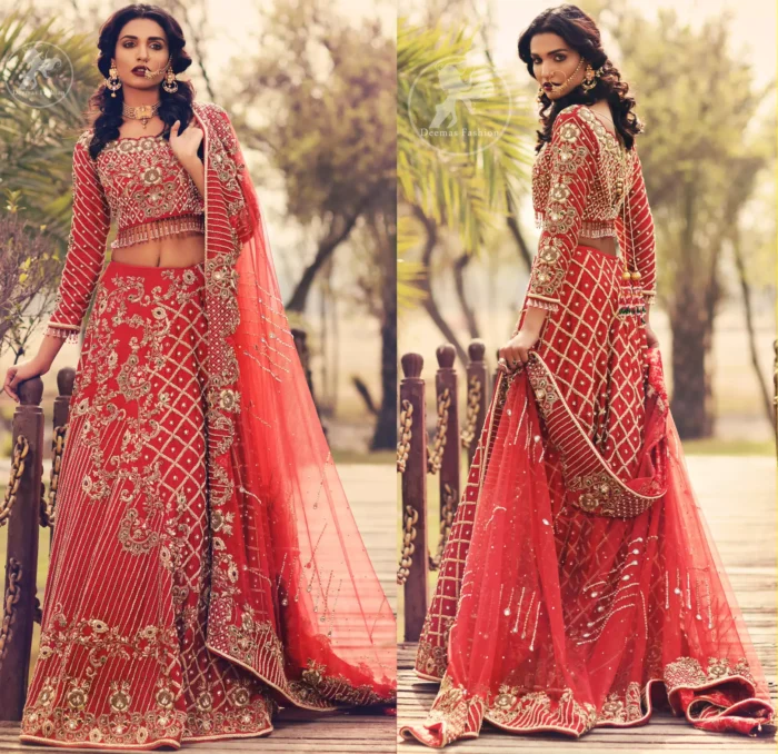 Boost your confidence and style in this glamorous blouse skirt with finest embroidery. The blouse is ornamented with light gold kora dabka, kundan and sequins work, elaborate it with tassels. The skirt is meticulously designed with vintage styled frames. It is further enhanced with light embroidered border along floral embroidery and zerdozi work. This outfit is coordinated with red dupatta with embroidered borders on all four sides and sprinkled sequins on the ground.