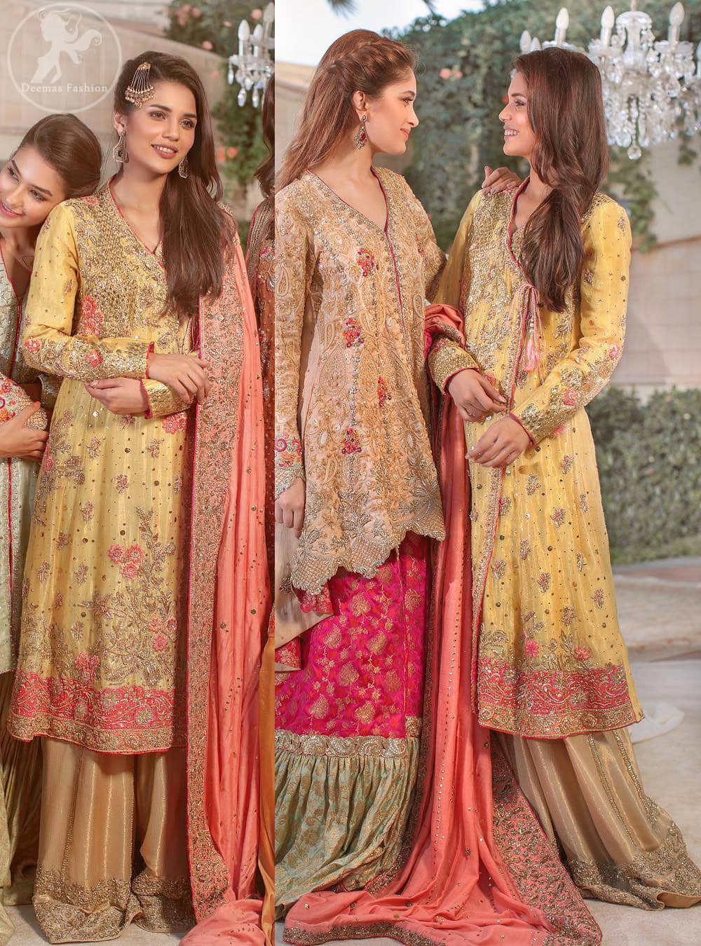 This outfit is perfect for mehendi mayon day. Heavily embellished in the front with intricate embroidered pattern done with golden kora dabka, kundan, tilla and sequins. Hemline is enhanced with peach embellished border adorned with kora dabka and thread embroidery. It is paired up with antique brass sharara with zerdosi work details on bottom. Dupatta having four sided embroidered edges and sequins spray.