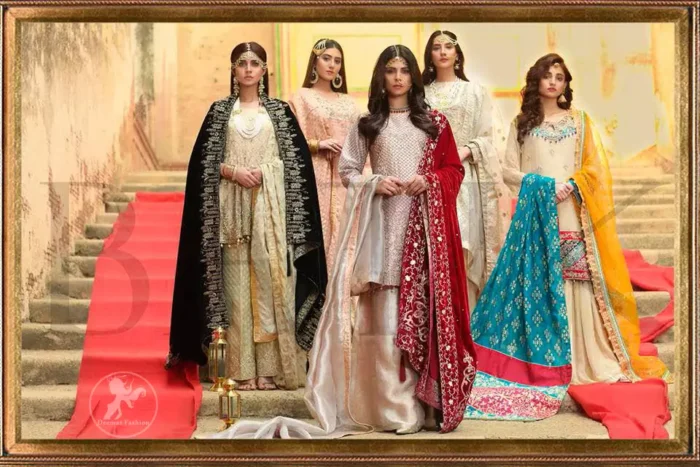 This outfit is beautifully sculptured with floral embroidery. It is further enhanced with kora, dabka, tilla, sequins and pearls. The daaman is emphasized with intricate details that gives perfect ending to this peplum. It is coordinated with straight trousers embellished with embroidery. The banarsi jamawar dupatta has scattered sequins all over. It is finished with jamawar piping all around the edges. It is allured with black embroidered shawl which adds to the look.