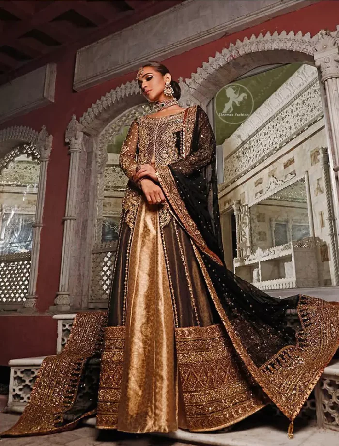 Epitomize whimsical elegance in this front open gown adorned with applique borders and multiple panels. It is further enhanced with kora, dabka, tilla, sequins and pearls. It is allured with atlas brocade inner which adds to the look. It comes with brocade pajama. It is coordinated with chiffon dupatta having four sided embellished applique.