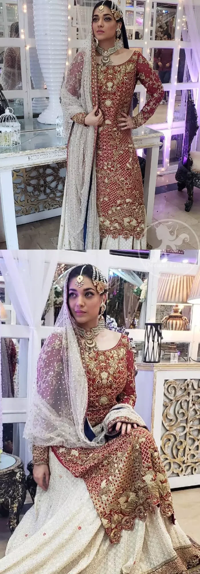 Make a dazzling impression in our zari embroidered copper rust shirt enhanced with intricately embellishmentswith gold and antique gold kora, dabka, tilla, sequins and pearls.It is paired up with thread embroidered chiffon lehengha having appliqued border around. Dupatta is sprinkled with stones all over it.