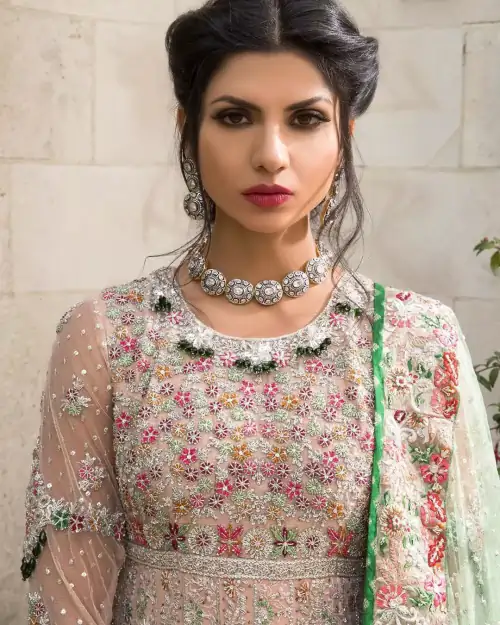 Ivory Frock Mutiple-colour Embroidery Deep Blush Frilled Lehengha