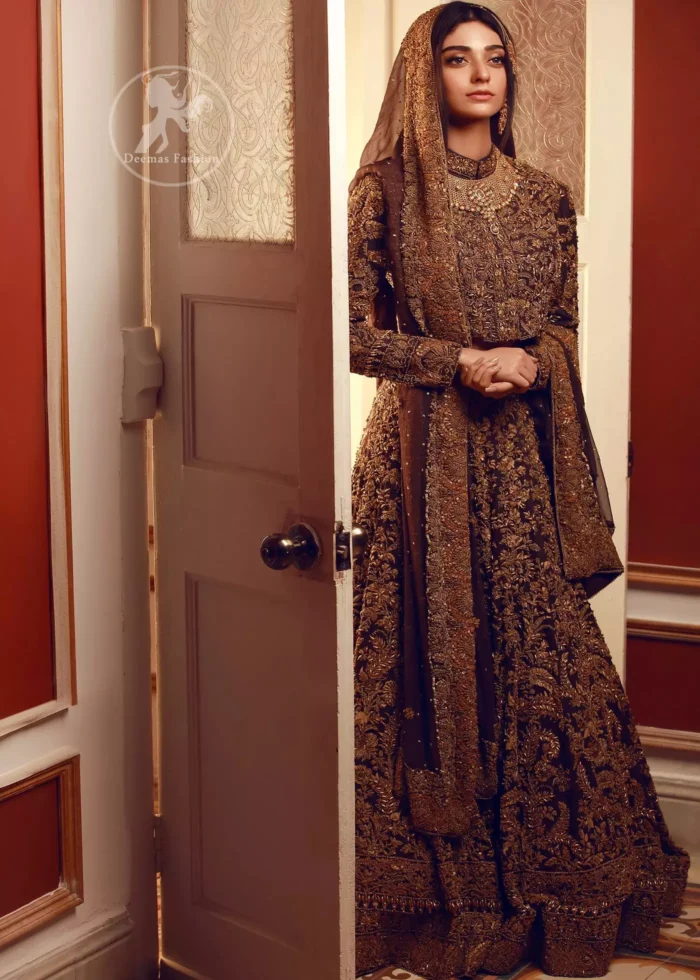 This outfit is adorned with kora, dabka, tilla, sequins and pearls. It is decorated with heavy antique shaded floral embellishments. It comes with heavy embellished lehengha which has thick border on hemline. A magenta chiffon dupatta accompanies the garment. The dupatta has embellished borders on all four sides and small floral motifs all over it. The garment is lined with medium silk and finished with jamawar piping.