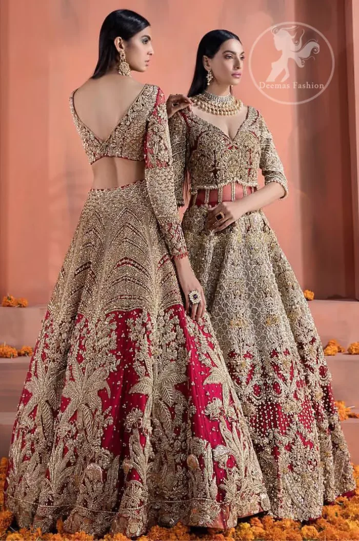 Reflecting royalty and the majestic beauty of statuesque shape and silhouette this bridal dress is perfect for your special day. This traditional outfit is aesthetically designed with motifs and floral patterns, embellished with kora, dabka, nakshi, sequins, crystals and stones. The back of the maxi also adorned with floral motifs in kora, dabka with sequin spray all over. It comes with brocade pajama. It is paired with heavily embroidered organza dupatta that gives the right amount of glamour to the outfit.