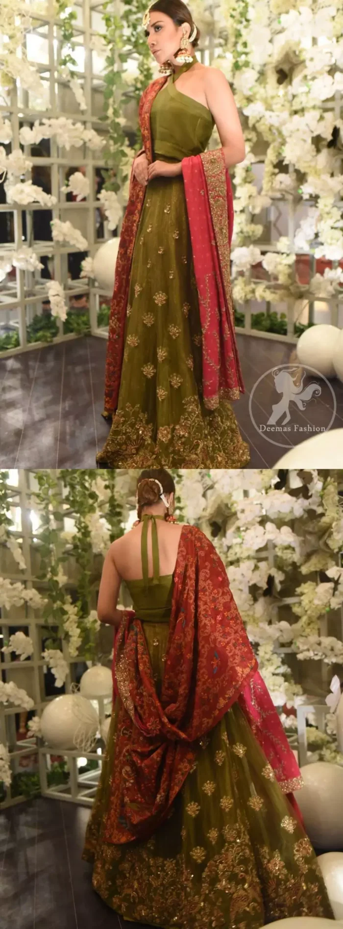 This dress is beautifully decorated with heavy embroidery. It is highlighted with dull golden kora, dabka, tilla, sequins and pearls. Fish lehengha is fully embellished.Blouse is scalloped. It comes with beautifull upper gown, sprinkled with sequins all over it. It is coordinated with chiffon dupatta which is sprinkled with sequins all over it.