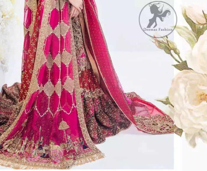 This regal mexican red frock is an immensely captivating traditional piece, enhancing the art of classical heritage showcasing the craftsmanship of kora, dabka & mukesh detailed with pearls; artistically embellished to give a beautiful rhythm to the outfit. It is coordinated with sandy brown chiffon lehenga which is decorated with geometric pattern style embroidery. This outfit comprises with mexican red dupatta enhanced with motifs from pallu and the other two sides having heavily embellished border.