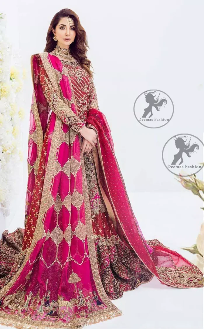 This regal mexican red frock is an immensely captivating traditional piece, enhancing the art of classical heritage showcasing the craftsmanship of kora, dabka & mukesh detailed with pearls; artistically embellished to give a beautiful rhythm to the outfit. It is coordinated with sandy brown chiffon lehenga which is decorated with geometric pattern style embroidery. This outfit comprises with mexican red dupatta enhanced with motifs from pallu and the other two sides having heavily embellished border.