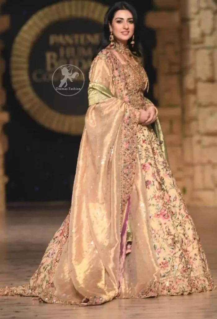 Modern yet traditional: This regal muddy waters maxi is an immensely captivating traditional piece, enhancing the art of classical heritage showcasing the craftsmanship of antique shaded kora, dabka & mukesh detailed with pearls; artistically embellished to give a beautiful rhythm to the outfit. Furthermore it is enhanced with multiple colored thread embroidery. It comes with brocade pajama. This outfit is paired with an ethereal bridal dupatta focusing on kora and dabka handwork borders on all four sides.