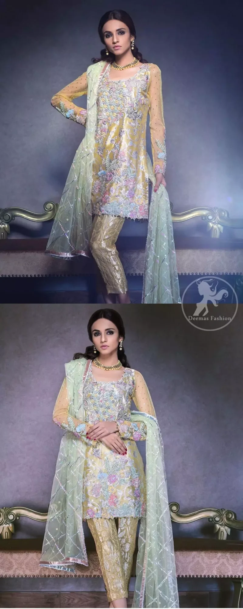 This dress is beautifully decorated with heavy embroidery. It is highlighted with dull golden kora, dabka, tilla, sequins and pearls. Fish lehengha is fully embellished.Blouse is scalloped. It comes with beautifull upper gown, sprinkled with sequins all over it. It is coordinated with chiffon dupatta which is sprinkled with sequins all over it.