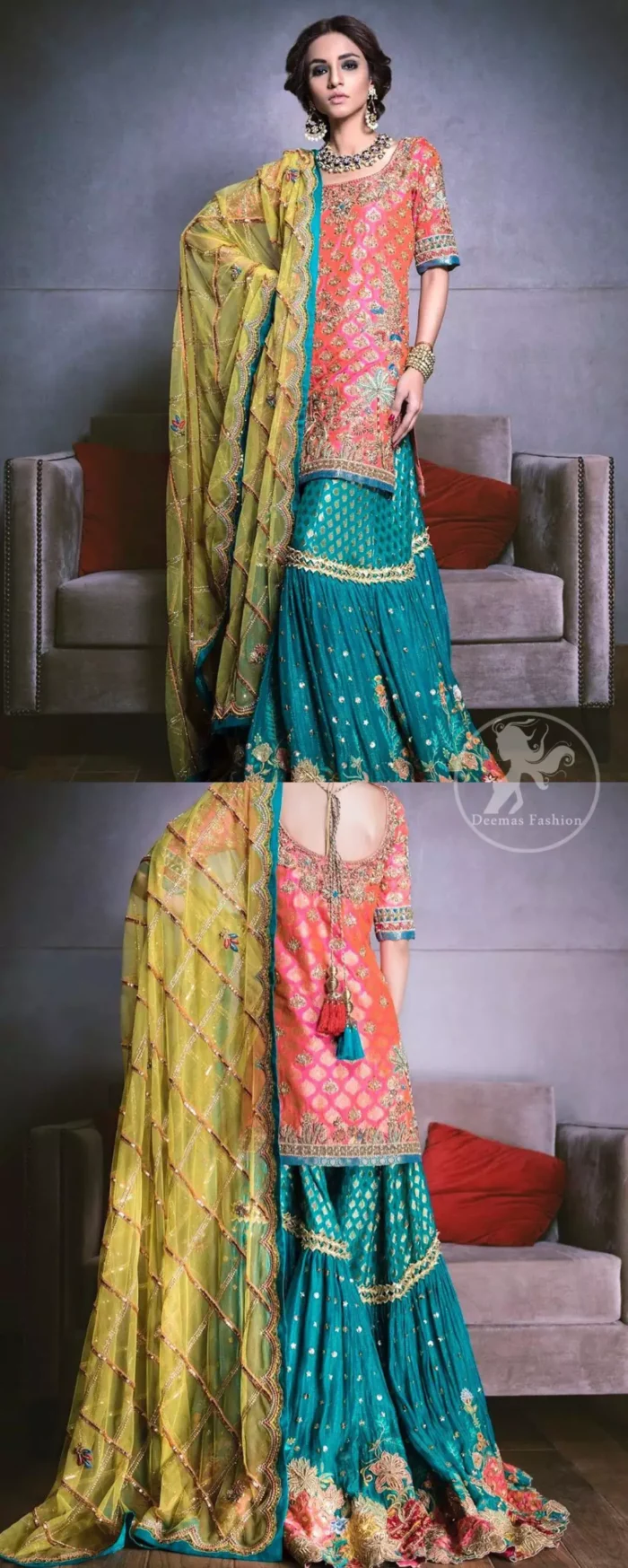 Our tea rose shirt with exquisite embellished neckline and back neckline in kora, dabka sequins and intricate thread work. The daaman is emphasized on intricate floral details that gives perfect ending to this shirt. It is coordinated with farshy gharara decorated with embroidery. The gradient turmeric dupatta has crisscross pattern and floral motifs scattered. It is finished with jamawar piping all around the edges.