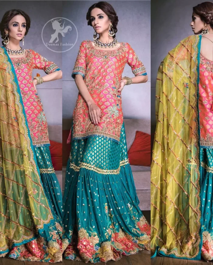 Our tea rose shirt with exquisite embellished neckline and back neckline in kora, dabka sequins and intricate thread work. The daaman is emphasized on intricate floral details that gives perfect ending to this shirt. It is coordinated with farshy gharara decorated with embroidery. The gradient turmeric dupatta has crisscross pattern and floral motifs scattered. It is finished with jamawar piping all around the edges.