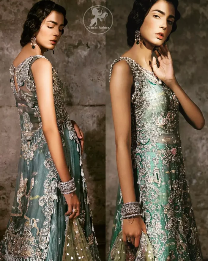 Delicately crafted and personifying chic elegance with an element of grandiose. Heavily embellished in the front with intricate embroidered pattern done with golden and silver kora, dabka, kundan, tilla and sequins. It is further decorated with scalloped boder which having tassels to complete the look. The back of the shirt is embellished with different types of motifs. It comes with matching sharara sprinkled small motifs all over. It is coordinated with olive green chiffon dupatta which is sprinkled with sequins all over it.