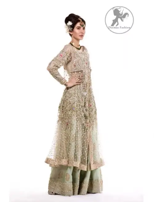 The perfect combination of tradition and class. Dazzle in this made to perfection, richly embroidered front open net outfit decorated