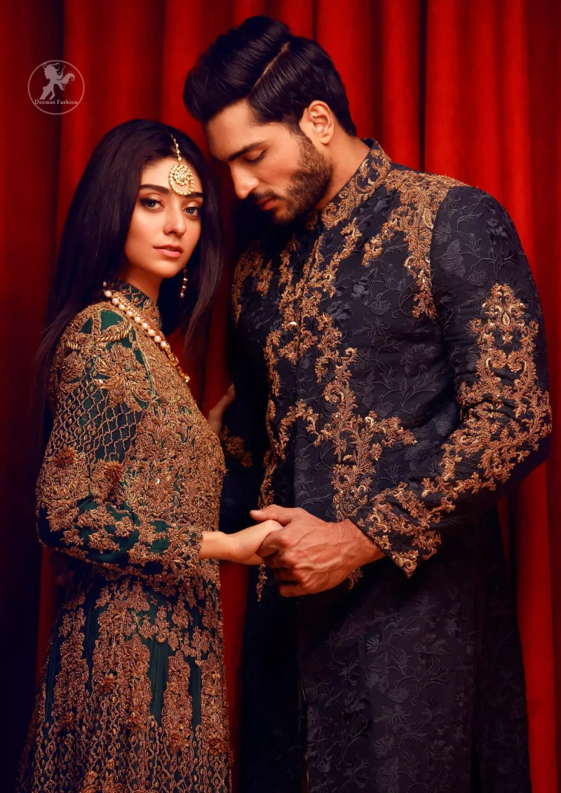 This dress is majestic beauty. Delicately crafted and personifying chic elegance with an element of grandiose. A full heavily embroidered maxi with zerdozi work details all over. Having full length sleeves adorned with motifs and geometric patterns. The bottom of the maxi is enhanced with rich floral embroidery. It comprises with churidar pajama.