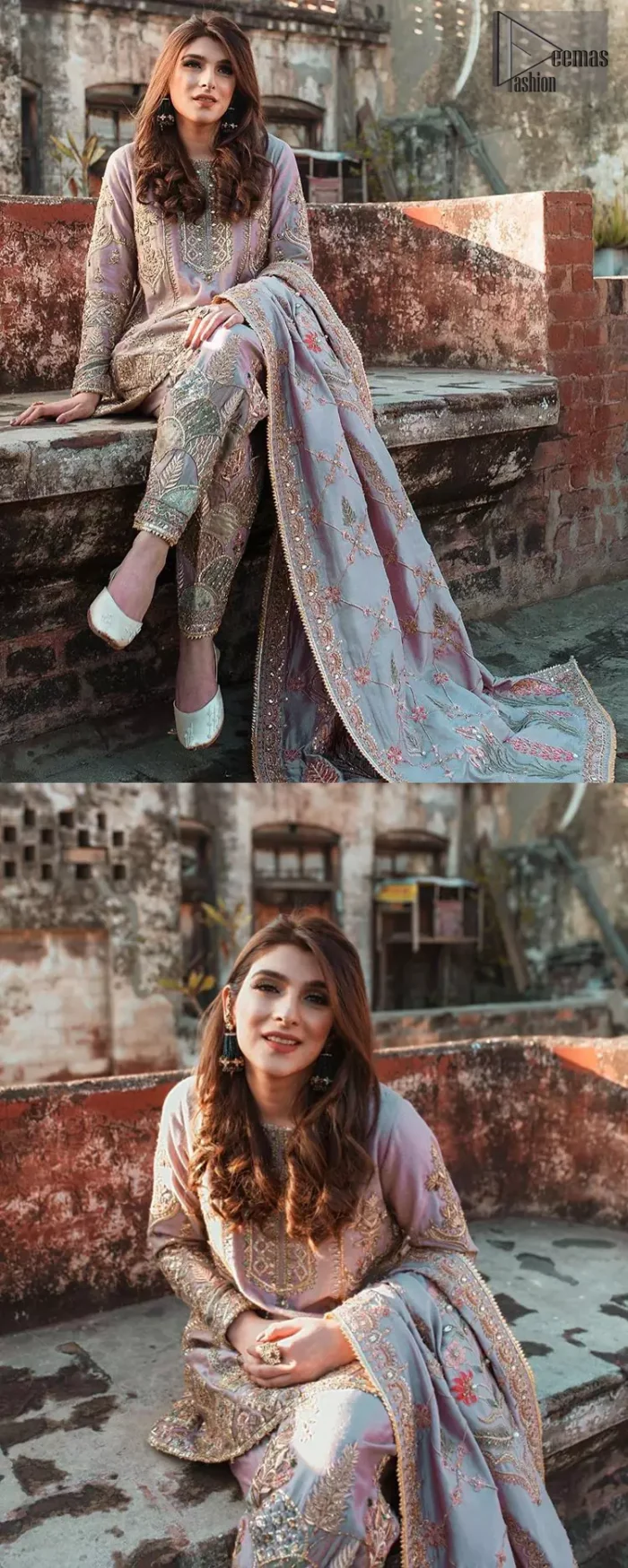 This dress is perfect for your Nikah and Engagement function. This super stunning frock is made of rich floral embroidery and geometric patterns which is further enhanced with gota work. Having full length sleeves adorned with motifs. Multiple color thread embroidery gives it a classical look. It comprises with cigarette pants ornamented with gota work and thread embroidery details. Style it confidently with raw silk fully embroidered dupatta adorned with geometric patterns and also having four sided border.