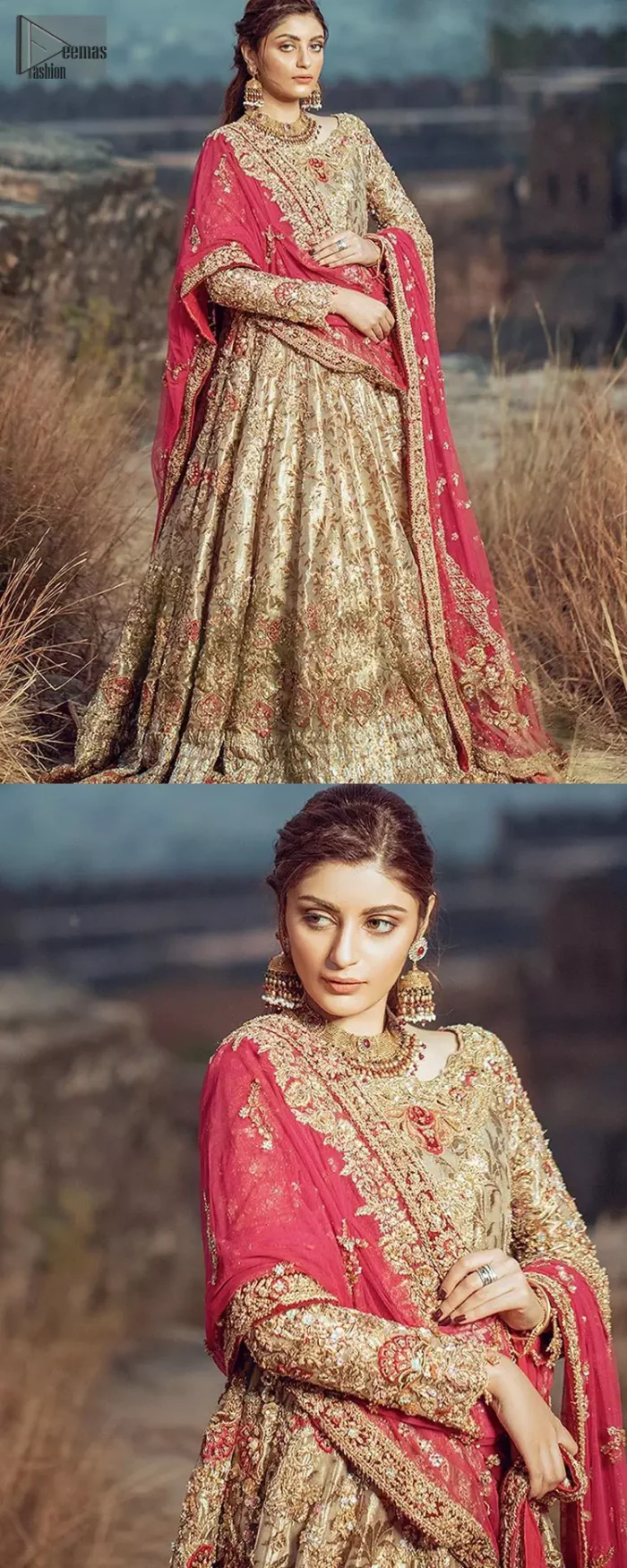 This dress is majestic beauty. A jacquard fabric maxi adorning personification of a majestic look with a contemporary silhouette showcasing the timeless art of zardosi, naqshi, kora, dabka and thread work, having full length scalloped sleeves with ethereally handcrafted golden zardosi work and resham embroidery. The bottom of the maxi is enhanced with rich floral embroidery and motifs pattern. It comprises with matching churidar pajama. The dupatta incorporates beautifully designed borders on all four sides, focusing on the heavily embellished pallu borders to give it a perfect maharani look.