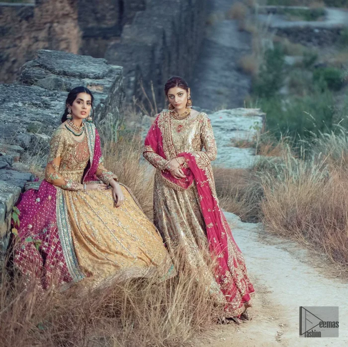 This dress is majestic beauty. A jacquard fabric maxi adorning personification of a majestic look with a contemporary silhouette showcasing the timeless art of zardosi, naqshi, kora, dabka and thread work, having full length scalloped sleeves with ethereally handcrafted golden zardosi work and resham embroidery. The bottom of the maxi is enhanced with rich floral embroidery and motifs pattern. It comprises with matching churidar pajama. The dupatta incorporates beautifully designed borders on all four sides, focusing on the heavily embellished pallu borders to give it a perfect maharani look.