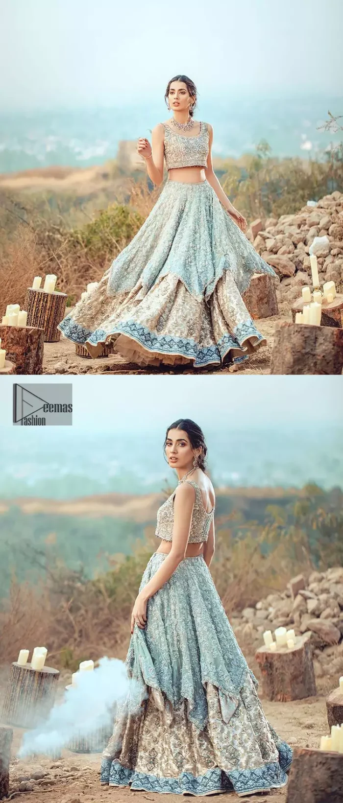 This bridal dress executing heavily hand crafted art of zardosi, kora and dabka with splashes of golden and silver is a classical visit to feminine personification. The heavenly handcrafted lehenga showcases the traditional art of zardozi, nakshi, kundan, kora and dabka; adorning the intricate and meticulous hand embellishments giving it a wholesome gentle stance paired with a regal gold sleeveless blouse. The bottom of the lehenga is enhanced with embellished applique with zardosi work and resham embroidery. It comprises with organza dupatta having four sided matha patti style border and scattered sequins all over it.