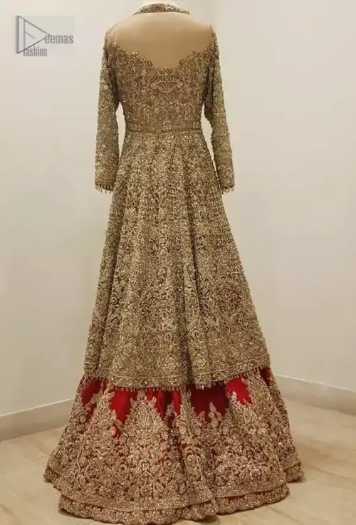 Latest Pakistani Bridal Wear - Golden Embroidered Frock Red Wine Lehenga