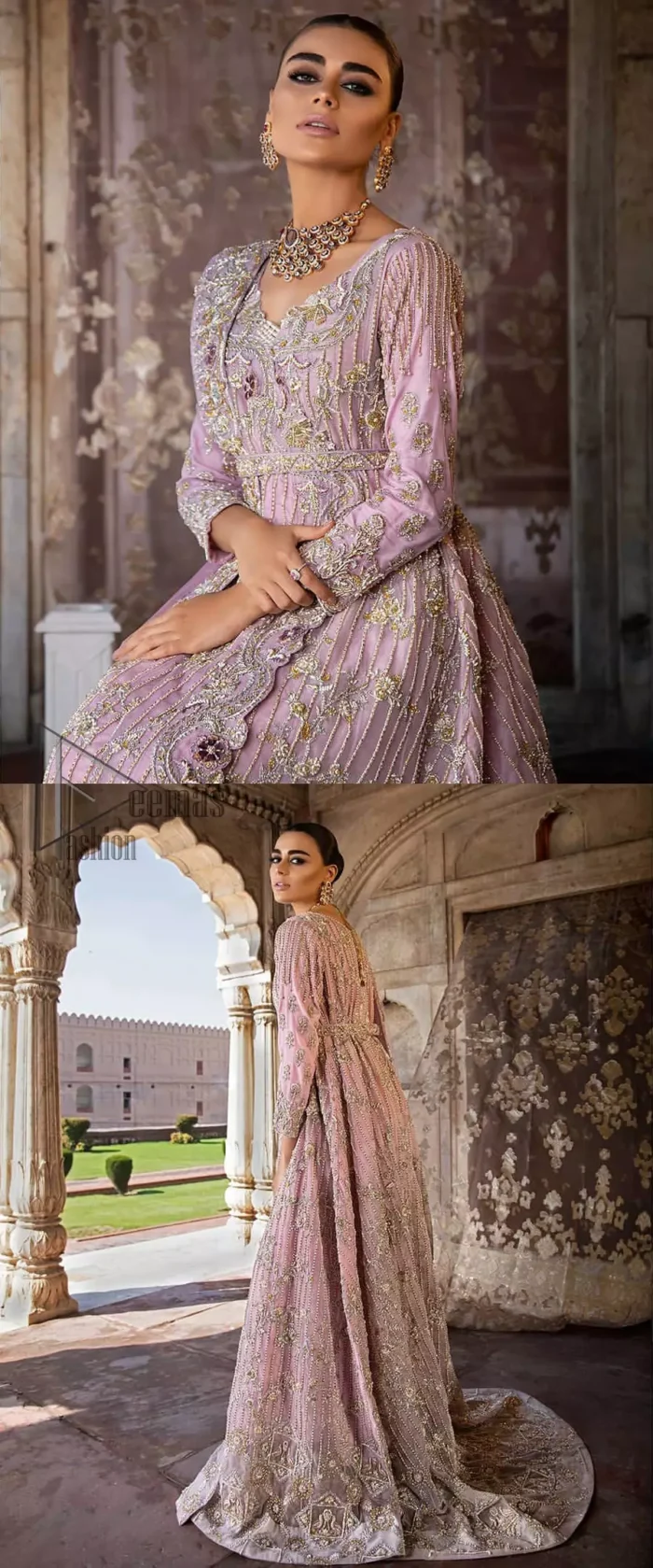 Exude elegance and class in this back trail maxi finessed with beautiful embellishment. The outfit is beautifully sculptured with floral embroidery, adorned with vertical lines and fixed waist belt embellished with silver and light golden kora, dabka, tilla and sequins work all over. The back of the outfit has an artistically designed motif. The outfit is styled with a hand embellished crystal belt. It comprises with cigarette pants and light pink net dupatta ornamented with sprinkled sequins on the ground and four sided light border.