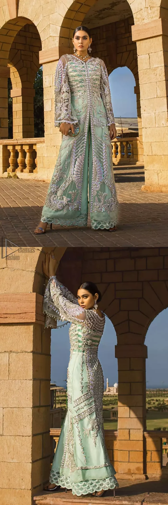 Take a step towards refreshing your wardrobe with aqua front open gown and palazzo pants. This front open gown is perfected with loaded light golden and silver work. The front of the gown is heavily embellished with different styles motifs and rich embellishment on bodice. Furthermore the back of the gown and bell sleeves are also decorated with detailed embroidery and dangling balls. The palazzo pants with it is made of raw silk fabric with lace detail on the bottom. The outfit is coordinated with aqua organza dupatta sprinkled with sequins all over.