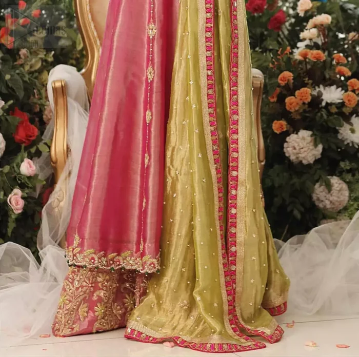 Nothing speaks of femininity and class louder than this mehndi outfits for bridesmaids. This beautiful mehndi dress comes with anarkali frock with beautiful embellished motifs around the scalloped hemline and vertically worked gold lines and heavily embellished neckline with light golden, champagne and antique shaded zardozi work. It comes with sharara adorned with colored floral embroidery with champagne embellishment. Complete the look with parrot green dupatta having four sided applique borders and sequins spray on the ground.
