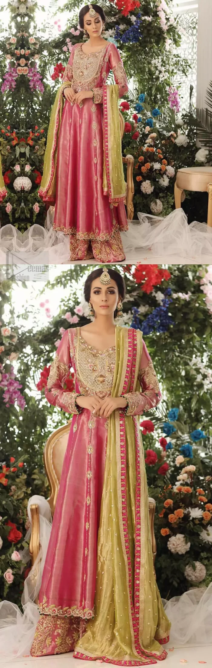 Nothing speaks of femininity and class louder than this mehndi outfits for bridesmaids. This beautiful mehndi dress comes with anarkali frock with beautiful embellished motifs around the scalloped hemline and vertically worked gold lines and heavily embellished neckline with light golden, champagne and antique shaded zardozi work. It comes with sharara adorned with colored floral embroidery with champagne embellishment. Complete the look with parrot green dupatta having four sided applique borders and sequins spray on the ground.