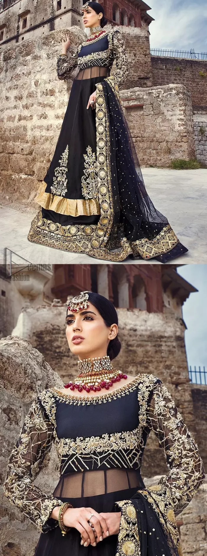 Delicately crafted and personifying chic elegance with an element of grandiose. This regal black outfit is an immensely captivating traditional piece, enhancing the art of classical heritage showcasing the craftsmanship of golden kora, dabka, tilla detailed with sequins and pearls; artistically embellished to give a beautiful rhythm to the outfit. Furthermore the anarkali frock is enhanced with fascinating embellishment on neckline and frilled hemline. It comes with an exquisite black lehenga with thick embroidered bottom to give it a regal look. It comes with a black net dupatta with sequins sprayed all over finished with thick embellishment all around the edges.