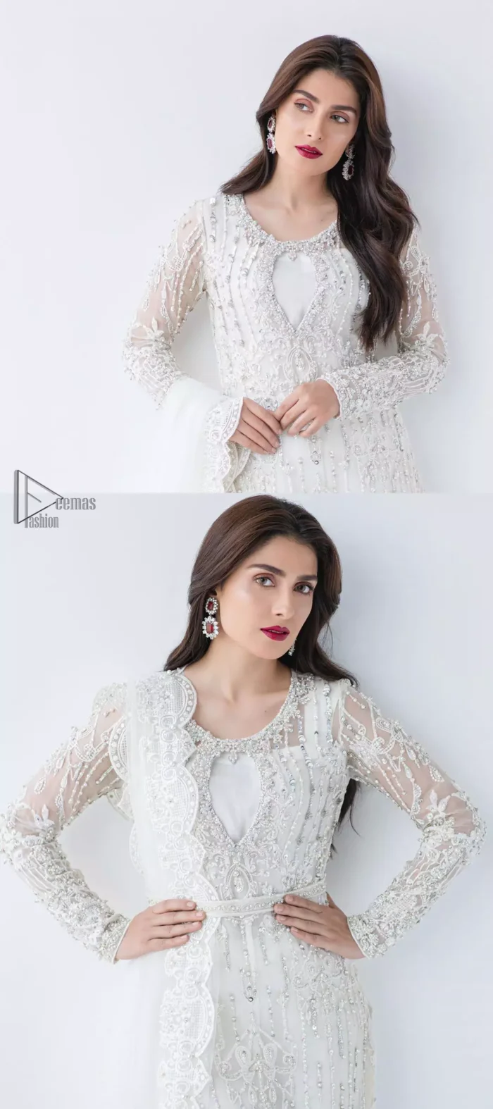 This is an ensemble that deserves to be flaunted. The ivory white shirt is an example of remarkable handiwork. With a lot of attention to detail, the intricate sequencing using glass beading and threads makes the shirt look like nothing but a dream. Furthermore the shirt is enhanced with thick embellished scalloped hemline. Sharara is magnificently decorated with scattered crystals all over. Beautifully paired it up with ivory white dupatta having four sided scalloped border.