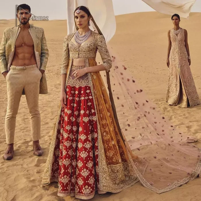 This weeding outfit makes a statement in this stunningly floraison, perfect blend of glamour and tradition with outstanding craftsmanship and gorgeous detailing. Heavily embellished blouse and bottom done with golden zardozi work and detailed central slits instantly draws attention. The lehnga with embroidered motifs spread all over and thick embellishment on lower waist. Paired it up with light pink net dupatta sprinkled with tiny motifs and four sided border.