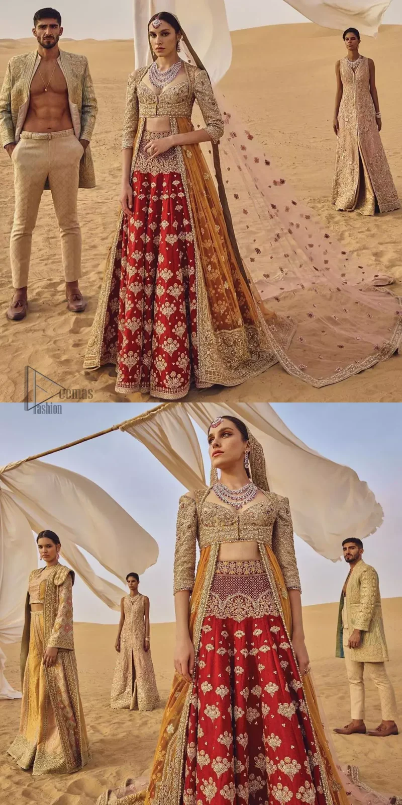 This weeding outfit makes a statement in this stunningly floraison, perfect blend of glamour and tradition with outstanding craftsmanship and gorgeous detailing. Heavily embellished blouse and bottom done with golden zardozi work and detailed central slits instantly draws attention. The lehnga with embroidered motifs spread all over and thick embellishment on lower waist. Paired it up with light pink net dupatta sprinkled with tiny motifs and four sided border.
