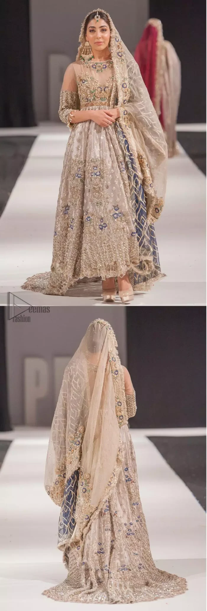 This artisan piece includes intricate hand-embellishment. This technique gives your garments a unique look, and helps to sustain a traditional craft carried out by skilled artisans across Asia. Adorned with dull golden zardozi and multiple color thread embroidery around the neckline and bodice. Furthermore the scalloped bottom is ornamented with floral jhaal, multiple color embellished floral bootis and tiny motif all over. Style it up with gray dupatta done with gotta work and cigarette pants.