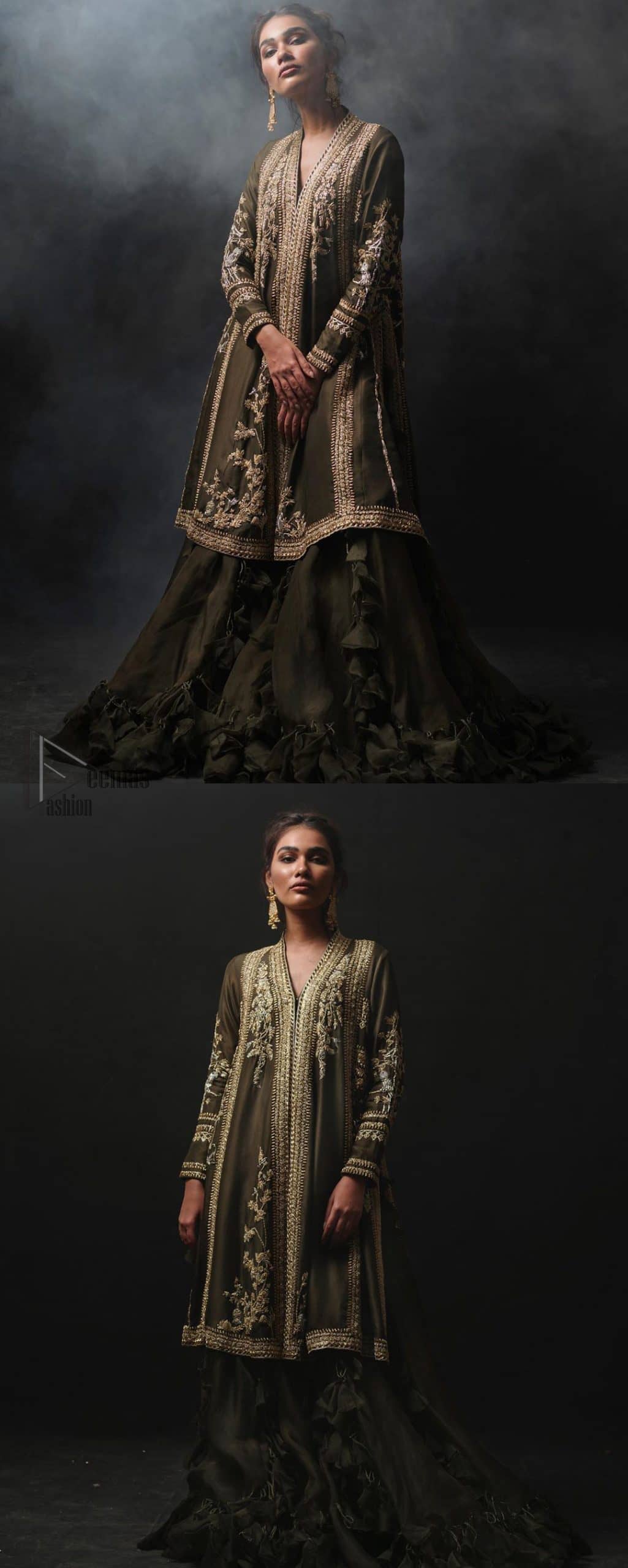 Discover your inner charm with this ravishing front open shirt adorned with golden embellishment. A delicate arrangement of hand embellished floral bunches with zardozi work. Full sleeves and side slits are also decorated with kora, dabka, tilla and sequins work all over. It is coordinated with frilled sharara gives it a perfect look. Style it up with olive green dupatta sprinkled with sequins.