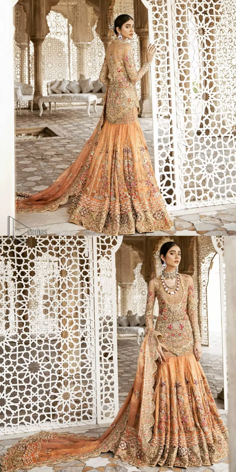 Beautifully elegant with a modern twist. Adorned in an orange embellished with antique detailing all over, this undeniably elegant attire will elevate your style. The shirt is ornamented with antique zardozi and multiple color embroidery detailing all over and vibrant floral motifs. Furthermore the hemline of the shirt is in cutwork style which adds twist. Paired it up with heavily embellished lehenga. The dupatta incorporates beautifully designed scalloped borders on all four sides, focusing on the heavily embellished pallu borders to give it a perfect look.