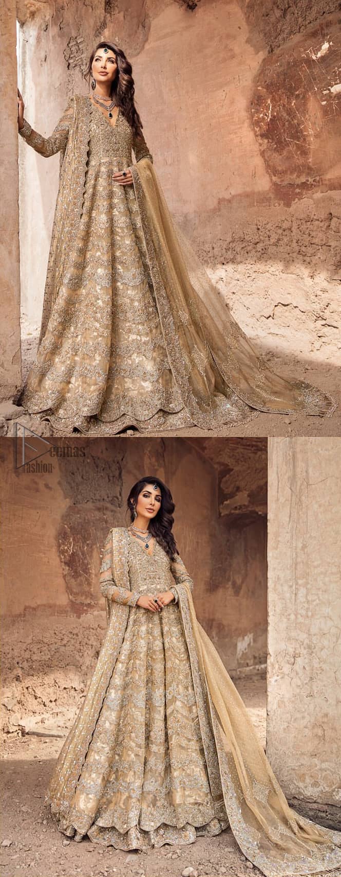 This artisanal piece is rendered in grace and timelessness. The floor length maxi highlights the collision of heritage and beauty of traditional zardozi work and craftsmanship with modern chic silhouette. The bodice with plunging V-neckline is adorned in richly zardozi work with fabulous sparkle. It boasts a pretty scallop hemline. The lehnga is done with thick kora and dabka borders to completes the look. This outfit is comprises with chiffon dupatta sprinkled with sequins on the ground and and four sided border.