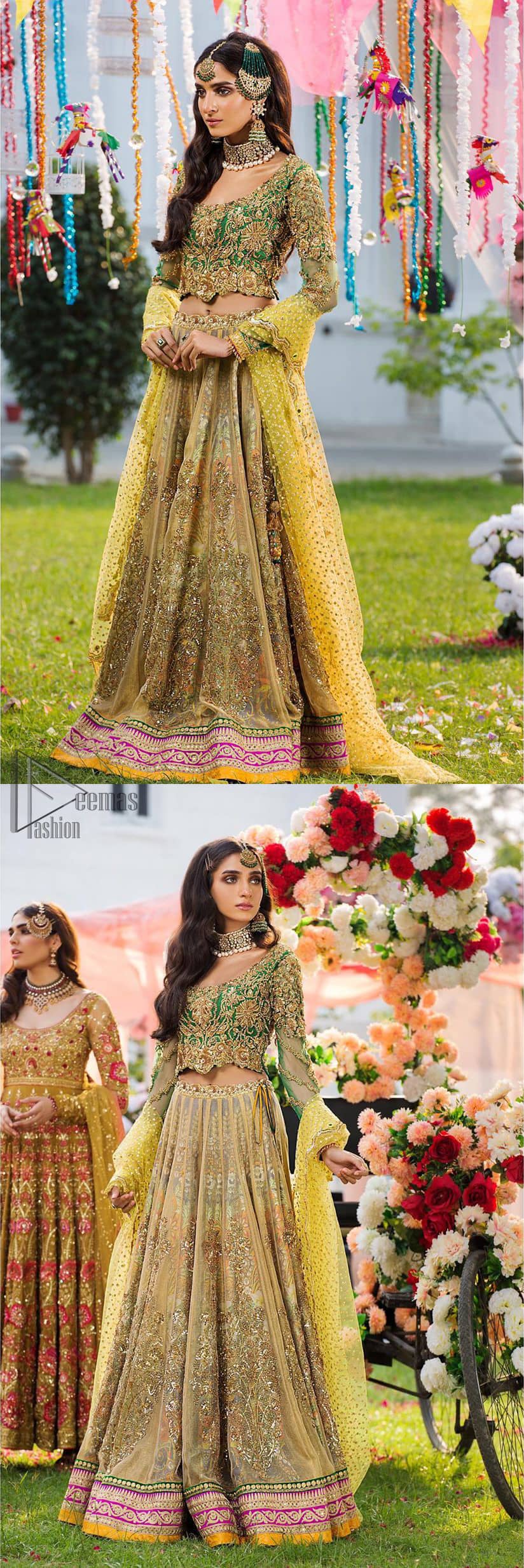 A perfectly pretty combination for a mehndi function. Gussy up the glamour with this intricate embroidered blouse accentuated with golden kora, dabka and tilla work and scalp finishing. The lehenga is emphasized with traditional style done with zardozi work in the shade of golden. Furthermore it is adorned with multiple color applique bottom which complete the look. It is coordinated with yellow dupatta sprinkled with sequins on the ground and scallop border. 