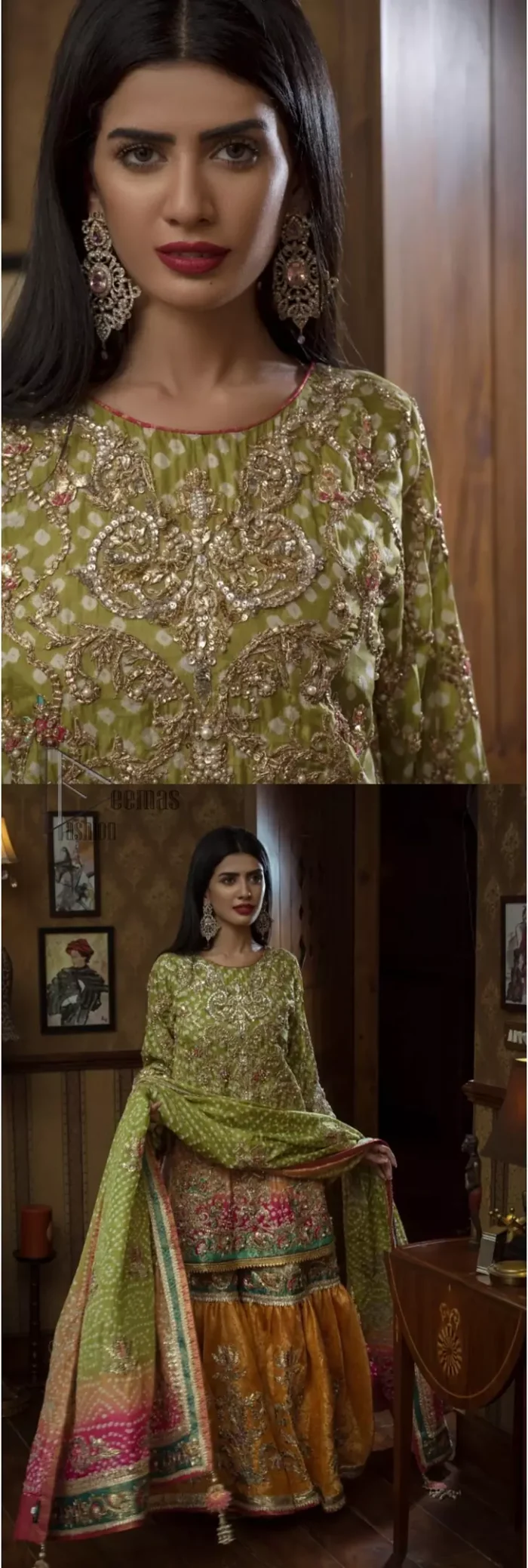 Brighten up your look with this beautiful mehndi dress comes with a beautiful parrot green shirt. This shirt is adorned with light gold kora, dabka, tilla and sequins work, furthermore the hemline is enhanced with applique embellishment. Paired it up with traditional jamawar gharara ornamented with zardozi work and finished with lace embellished border. It is coordinated with parrot green dupatta dyed from pallu in two colors and adorned with applique embellished border.