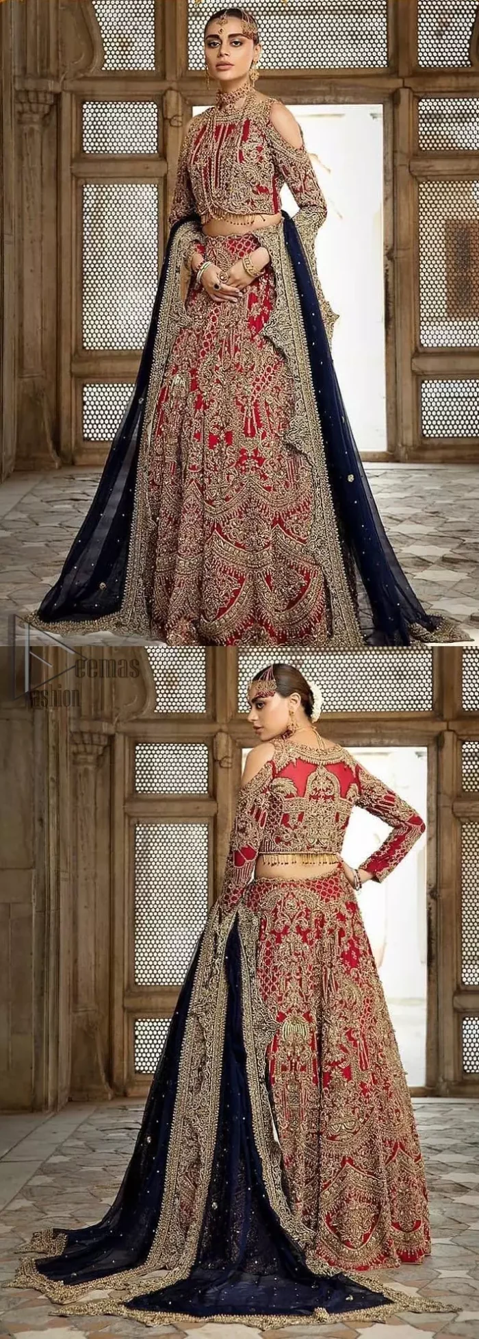 A breathtaking red traditional lehenga  paired with a detailed blouse, equally alluring make for an ensemble which is comfortably chic. The blouse is done with golden and antique shaded embroidery and finishing with tassels. Blouse having cold shoulder full sleeves. The lehenga is enhancing with the art of classical heritage showcasing the craftsmanship of kora, dabka, tilla, kundan and sequins detailed, artistically embellished to give a beautiful rhythm to the outfit. It comprises with navy blue dupatta sprinkled with sequins and four sided scalloped border. This is an ensemble that is sure to invite compliments galore.