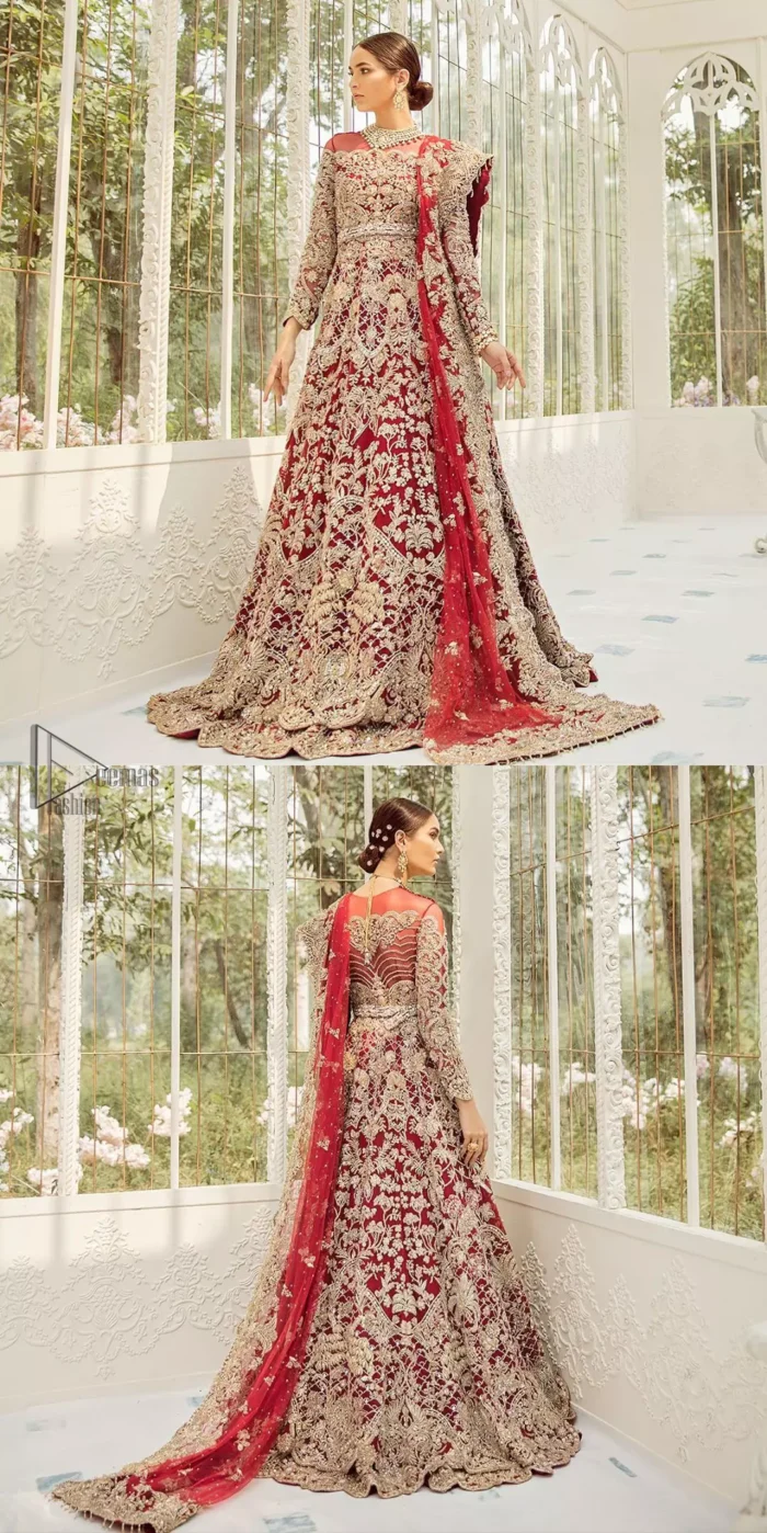 This bridal dress is perfect for your big day. Our bride makes a statement in this stunningly floraison, perfect blend of glamour and tradition with outstanding craftsmanship and gorgeous detailing. This floor length maxi is beautifully sculptured floral jhaal, floral bunches and thick scalloped hemline done with light golden kora, dabka, tilla and sequins embroidery. Exude elegance with red lehenga finessed with beautiful embellished scalloped bottom with zardosi work. The red net dupatta with chann and finishing all around the edges makes the look complete.