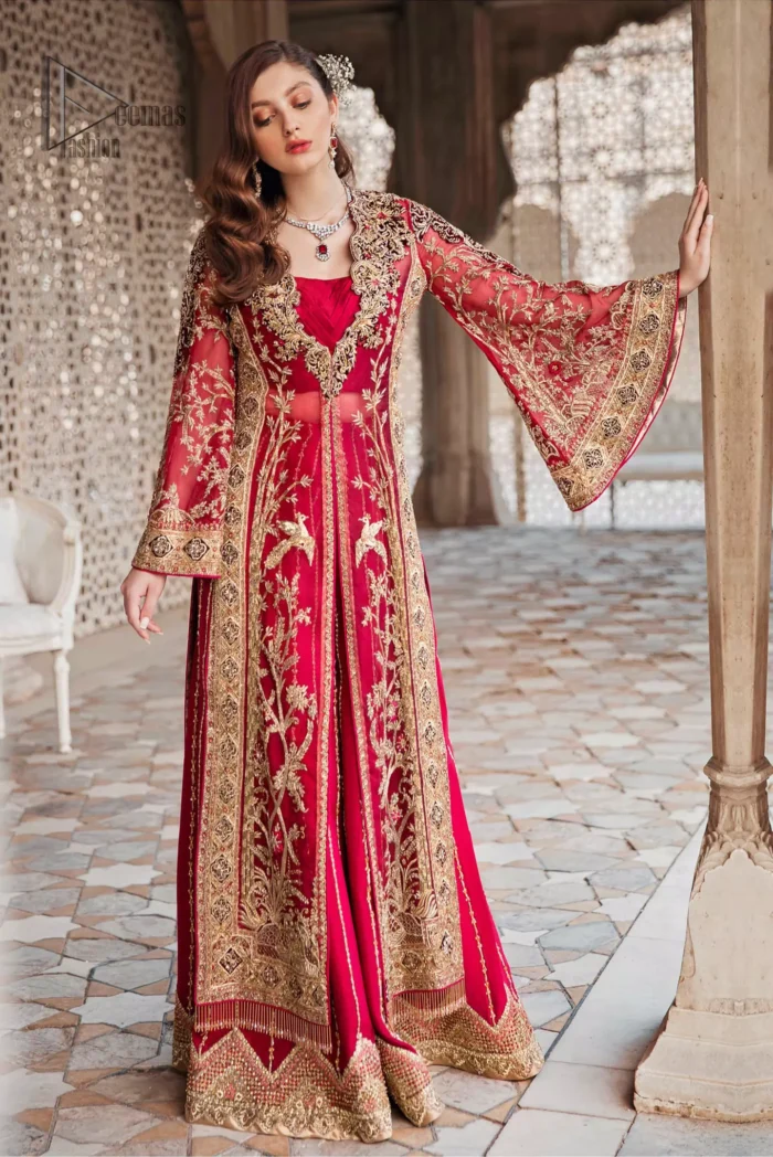 Beautifully elegant with a modern twist. This dress is crafted from delicate floral lace and features a scalloped plunge neckline. The front of the gown is adorned with floral embroidery, bunches and thick embellished side slits done with golden and antique zardozi work. Back of the gown is emphasized with black applique detailing and geometric patterns. The gown is finishing with tassels on the hemline on both sides frond and back. The palazzo pants is adorned with thick embellished applique bottom with golden kora, dabka, tilla and sequins embroidery. It comprises with red chiffon dupatta with sequins spray all over.