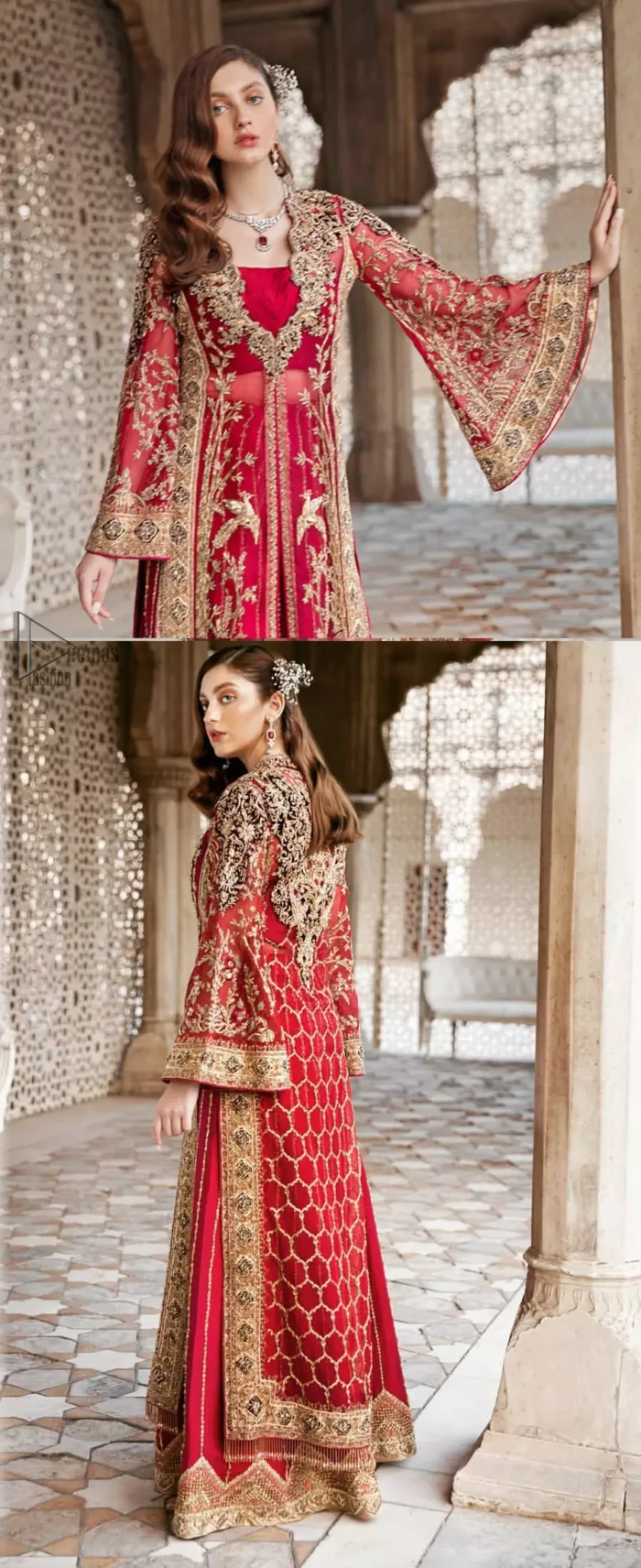 Beautifully elegant with a modern twist. This dress is crafted from delicate floral lace and features a scalloped plunge neckline. The front of the gown is adorned with floral embroidery, bunches and thick embellished side slits done with golden and antique zardozi work. Back of the gown is emphasized with black applique detailing and geometric patterns. The gown is finishing with tassels on the hemline on both sides frond and back. The palazzo pants is adorned with thick embellished applique bottom with golden kora, dabka, tilla and sequins embroidery. It comprises with red chiffon dupatta with sequins spray all over.