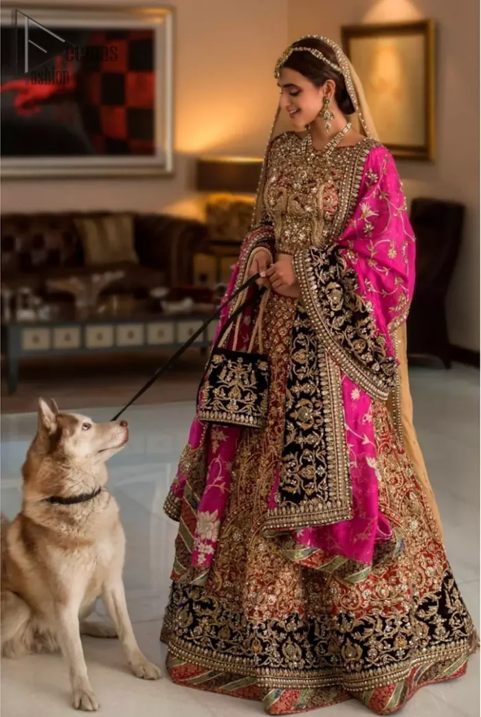 Complete your big day with the perfect dress in our selection of stunning wedding dresses. This regal lehenga blouse is an immensely captivating traditional piece, enhancing the art of classical heritage showcasing the craftsmanship of kora, dabka, tilla and sequibs detailed with pearls, artistically embellished to give a beautiful rhythm to the outfit. The lehenga is adorned with golden and antique shaded embroidery. Furthermore the bottom of the lehenga is enhanced with black embellished applique. Coordinated with beige dupatta sprinkled with sequins all over.